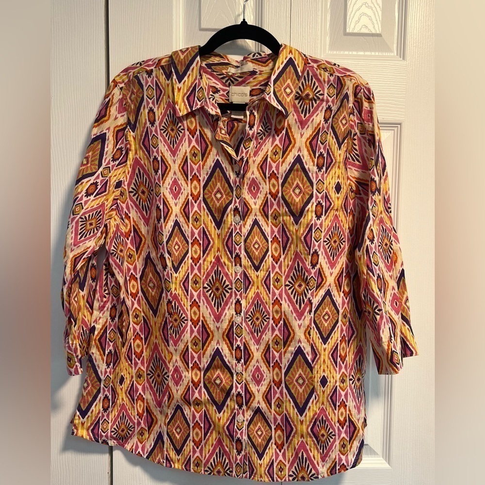 Chico's No Iron lkat Button Back Linen Blouse